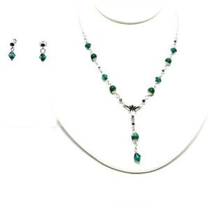 Avon Emerald Green Rhinestone Crystal Bead Silver Y Drop Necklace Vintage NEW